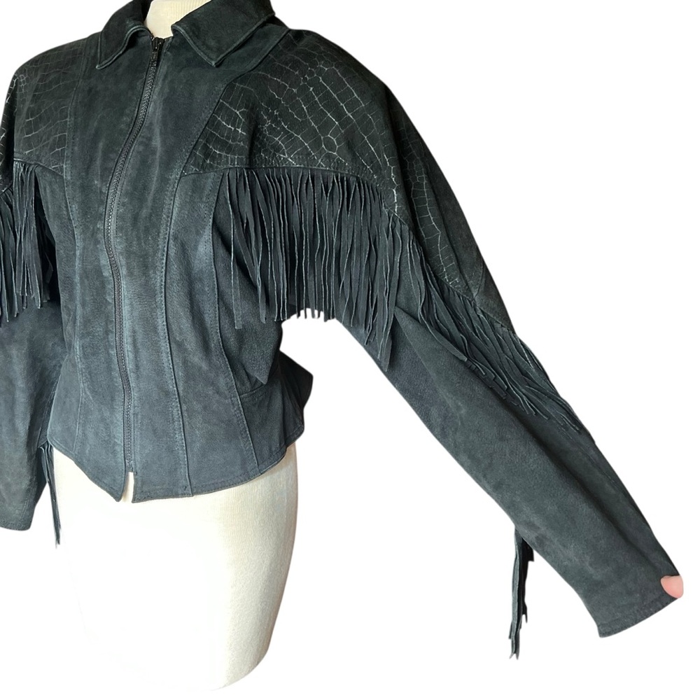VINTAGE 80s Women’s Western Chic Black Leather Fringe Corset Crop Jacket Sz M